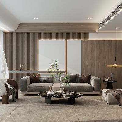 现代轻奢风无主灯客厅沙发墙