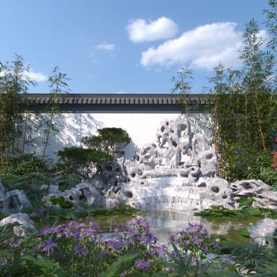 新中式庭院小品_假山水景