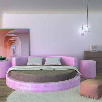 现代皮革圆床粉色