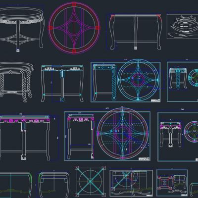 中式古典圆台桌椅图cad素材