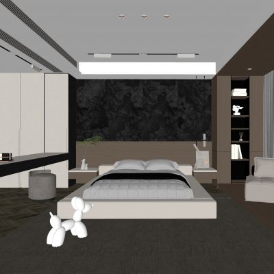  现代卧室 双人床 饰品 休闲椅 床头吊灯 造形吊顶 衣柜