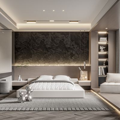  现代卧室 双人床 饰品 休闲椅 床头吊灯 造形吊顶 衣柜