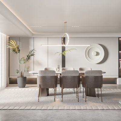  现代家居餐厅 餐桌椅组合 餐厅吊灯 酒柜 地毯 饰品