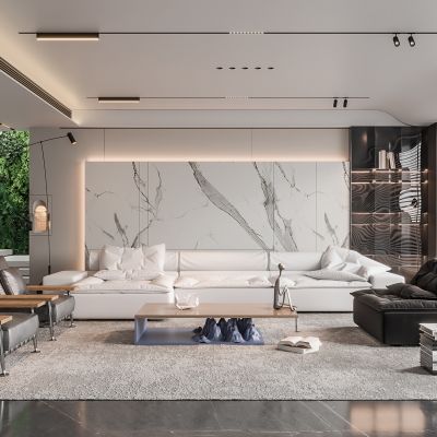  现代客厅 无主灯客厅 沙发组合 茶几组合 绿植 饰品摆件