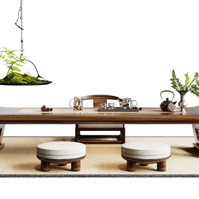 新中式茶桌椅组合  凳子  茶具  茶壶  单椅  地毯