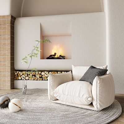 现代单人沙发_摆件_休闲椅_绿植_落地灯_壁炉_地毯