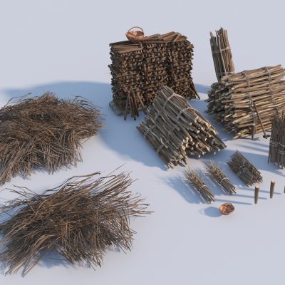 中式木头柴火堆茅草堆