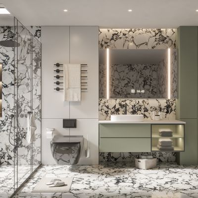 现代卫生间 马桶 浴室柜 洗脸盆 镜子 淋浴房 饰品