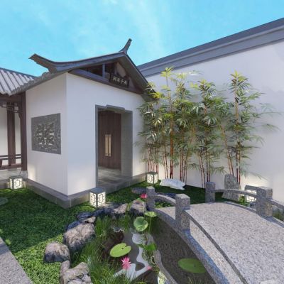 新中式庭院景观全景3d模型