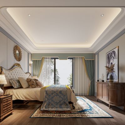 美式卧室，美式床，美式边柜，美式窗帘