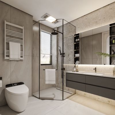 现代卫生间_卫浴镜_卫浴柜_洗手台_马桶_花洒_洗浴用品_毛巾架