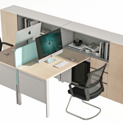 现代办公桌，员工位，职员桌，工位，桌上屏，桌屏，屏风，条桌，隔断，办公椅，弓形椅，弓架椅，会议椅，办公桌椅，办公室，摆件，电脑，饰品