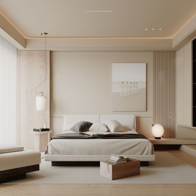 现代奶油风卧室主人房模型