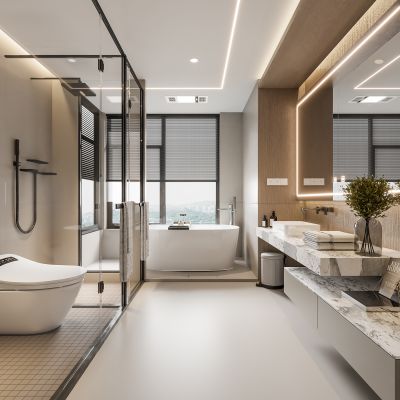  现代卫生间 马桶 浴室柜 洗脸盆 镜子 玻璃隔断 浴缸