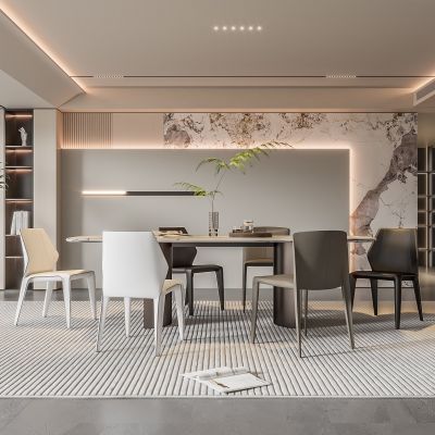  现代家居餐厅 餐桌椅组合 无主灯餐厅 地毯 饰品