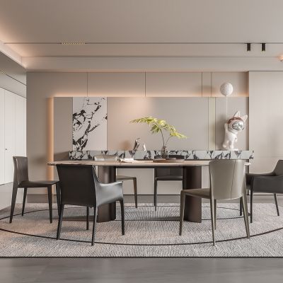  现代家居餐厅 餐桌椅组合 无主灯餐厅 地毯 饰品