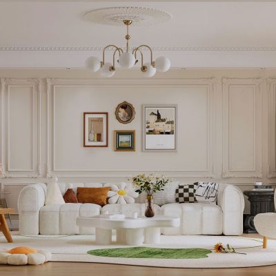 法式奶油风客餐厅_沙发茶几组合_休闲椅_餐桌椅组合_绿植_挂画_吊灯_摆件