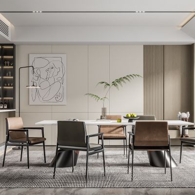  现代家居餐厅 餐桌椅组合 无主灯餐厅 地毯 饰品