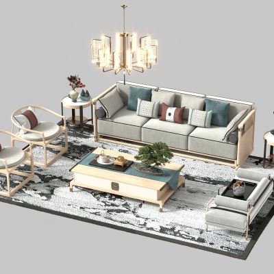 中式沙发茶几组合3D模型