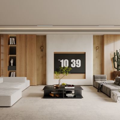 侘寂，客厅，原木，沙发茶几组合