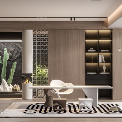  现代书房 书柜 书桌椅组合 壁炉