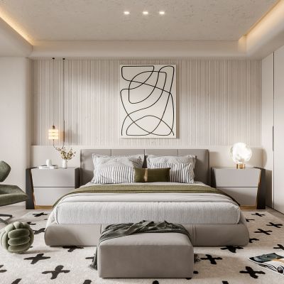  现代风格卧室 双人床 饰品 休闲椅 床头吊灯 造形吊顶 衣柜