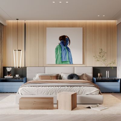 侘寂，卧室，床，床头柜，装饰画