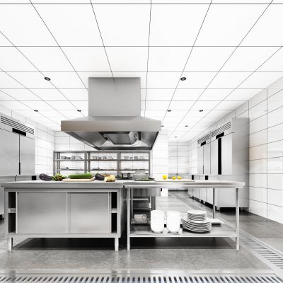 现代餐饮店后厨，餐厅后厨，餐饮店后厨，后厨设备，消毒柜，灶台