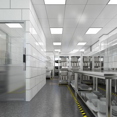 现代餐饮店后厨，餐厅后厨，餐饮店后厨，后厨设备，消毒柜，灶台