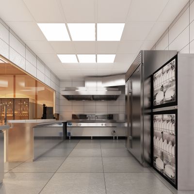 现代餐饮店后厨，餐厅后厨，餐饮店后厨，后厨设备，消毒柜，灶台