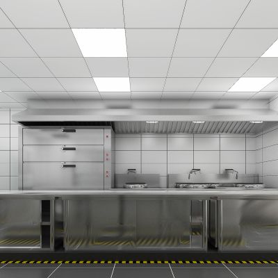 现代餐饮店后厨，餐厅后厨，餐饮店后厨，后厨设备，消毒柜，灶台