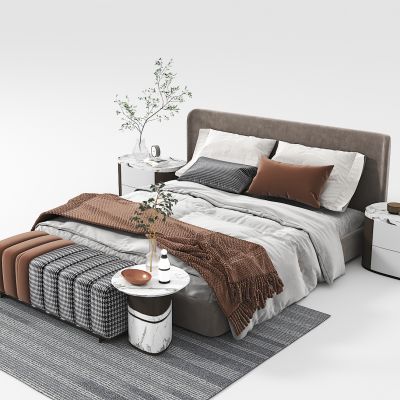 现代双人床组合，双人床，床榻，床头柜