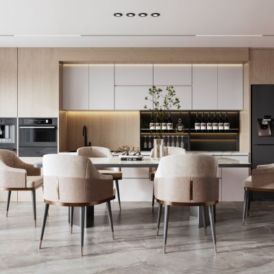 现代餐厅  餐桌椅组合SU模型