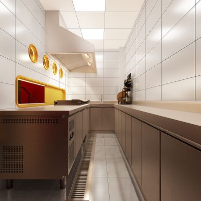 现代餐饮店后厨，餐厅后厨，餐饮店后厨，后厨设备，消毒柜，灶台