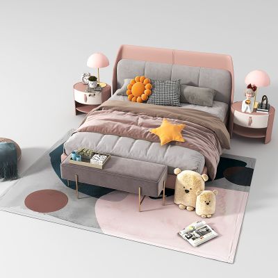 现代女儿双人床组合,双人床，灯几，台灯，玩偶，床榻