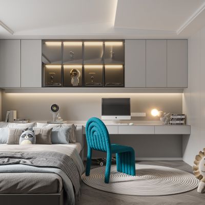 现代榻榻米卧室 衣柜 写字桌 饰品 电脑