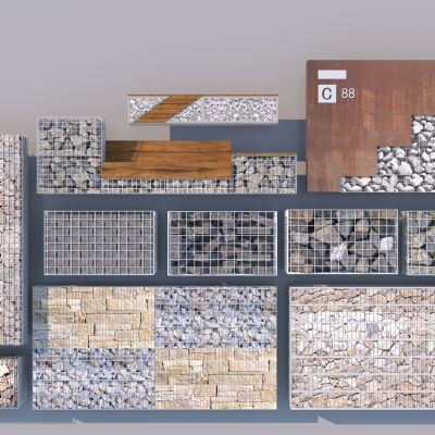 现代石笼景墙_石笼坐凳