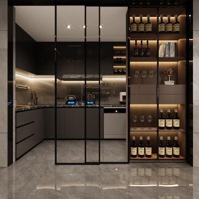 现代厨房，厨房，过道