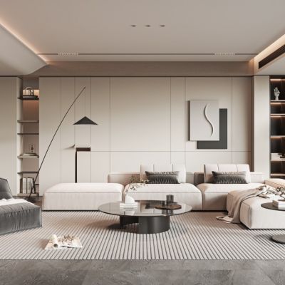 现代客厅，沙发茶几组合，单人休闲椅，书籍，公仔，绿植，饰品摆件