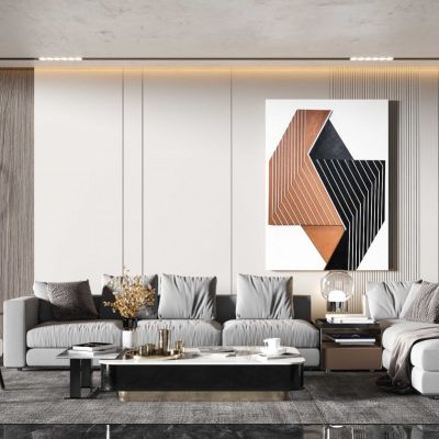 现代客厅_沙发茶几组合_角几_台灯_落地灯_墙饰_休闲椅_凳子_窗帘3D模型