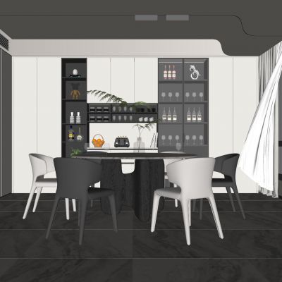 现代餐厅 餐桌椅 酒柜 窗帘
