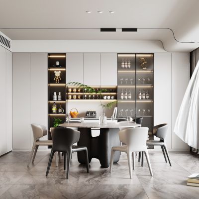 现代餐厅  餐桌椅  酒柜  窗帘