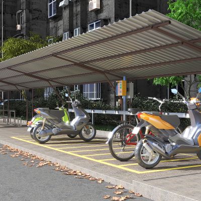 现代车棚，自行车，摩托车，车棚，植物