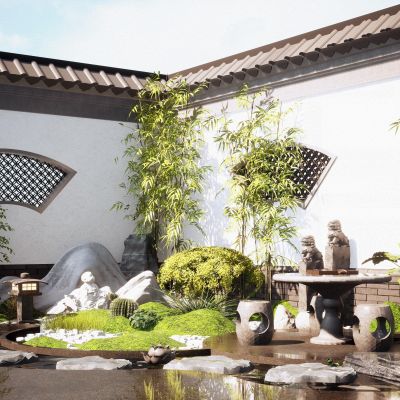 新中式庭院小品 假山石头 枯山水庭院景观 松树 室外植物 禅意景观