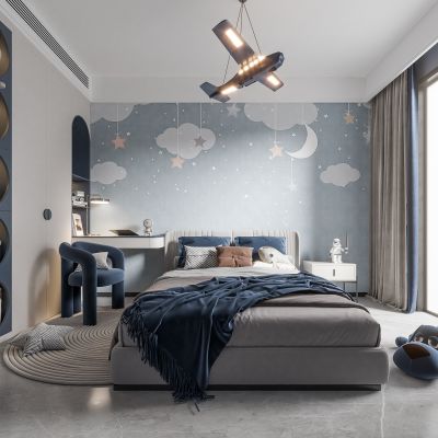 现代卧室 饰品 飞机灯 床 书桌 衣柜