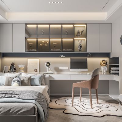 榻榻米卧室 饰品 休闲椅 造形吊顶 书桌 衣柜