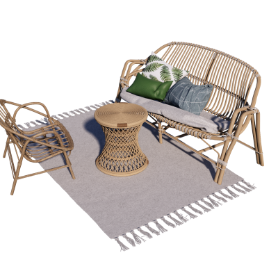 北欧休闲沙发茶几三人沙发单人沙发藤编沙发地毯