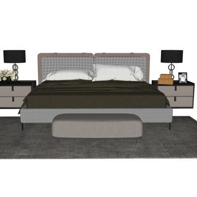 现代双人床床头柜地毯床尾凳台灯