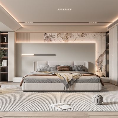 现代卧室 双人床 饰品 休闲椅 床头吊灯 造形吊顶 衣柜