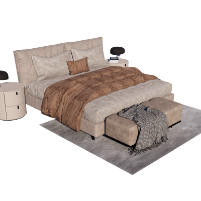 现代双人床床头柜地毯床尾凳台灯